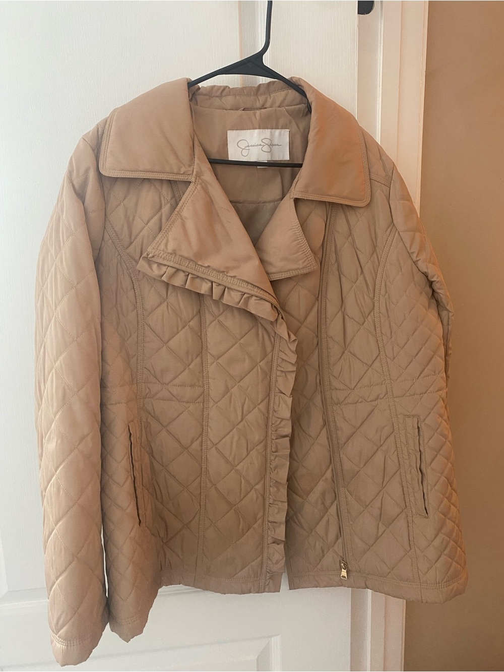 Jessica Simpson Quilted Beige Ruffle-Trim Puffer Jacket